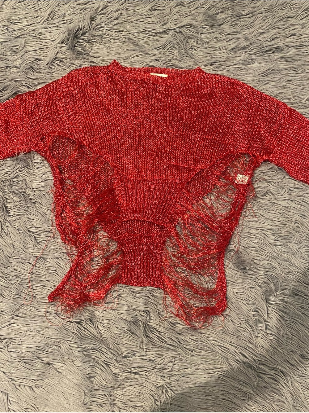 love J Red Open-Knit Cropped Crewneck Sweater (M)